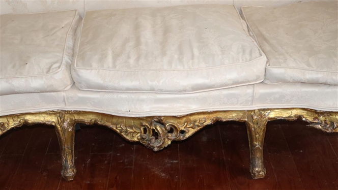 Elaborate Rococo Gold Gilt Sofa with Ornate Gold Gilded Scrolled Frame Off White Brocade Upholstery - Broken Area on Right Front Apron - Sofa is 79 Long 40 Tall