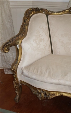 Elaborate Rococo Gold Gilt Sofa with Ornate Gold Gilded Scrolled Frame Off White Brocade Upholstery - Broken Area on Right Front Apron - Sofa is 79 Long 40 Tall