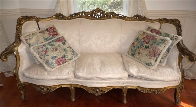 Elaborate Rococo Gold Gilt Sofa with Ornate Gold Gilded Scrolled Frame Off White Brocade Upholstery - Broken Area on Right Front Apron - Sofa is 79 Long 40 Tall