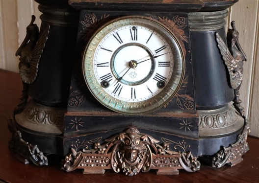 Beautiful Ansonia Iron Mantle Clock Fancy Gold Gilded Brass Mounts with Phoenix Birds and Faces - Top is Adorned with Rearing  Horse Statue - Key Wind Movement with Pendulum - Ansonia Movement...