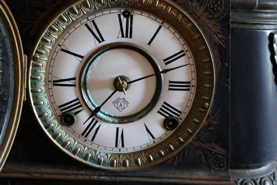Beautiful Ansonia Iron Mantle Clock Fancy Gold Gilded Brass Mounts with Phoenix Birds and Faces - Top is Adorned with Rearing  Horse Statue - Key Wind Movement with Pendulum - Ansonia Movement...