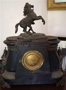 Beautiful Ansonia Iron Mantle Clock Fancy Gold Gilded Brass Mounts with Phoenix Birds and Faces - Top is Adorned with Rearing  Horse Statue - Key Wind Movement with Pendulum - Ansonia Movement...
