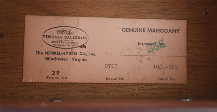 The Princess Anne Dressing Desk by  Henkel Harris - Virginia Galleries - Mahogany with Brass Hardware - Locking Drawer with Key - Original Cloth Label and Paper Tag - Desk is 30 Tall 42 by  20...