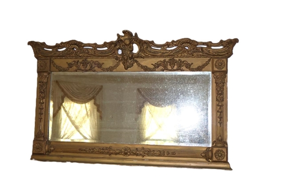 Beautiful 19th Century Baroque Style Gold Gilt Over Mantle Mirror - Cherub Crest - Mirror Frame is 32 By 47 