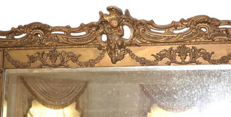Beautiful 19th Century Baroque Style Gold Gilt Over Mantle Mirror - Cherub Crest - Mirror Frame is 32 By 47 