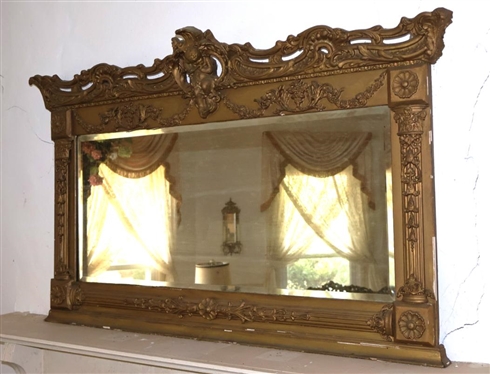 Beautiful 19th Century Baroque Style Gold Gilt Over Mantle Mirror - Cherub Crest - Mirror Frame is 32 By 47 
