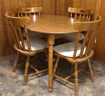 1980's Vintage Liberty Furniture Kitchen Table and Chairs Set - Oval Table with Wood Grain Formica Top - 4 Sturdy Solid Wood Chairs - Table is 29 1/2 Tall 48 By 36 