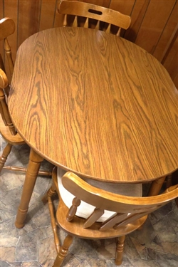 1980's Vintage Liberty Furniture Kitchen Table and Chairs Set - Oval Table with Wood Grain Formica Top - 4 Sturdy Solid Wood Chairs - Table is 29 1/2 Tall 48 By 36 