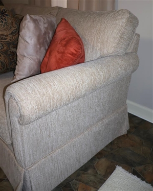 Clean Tan / Beige Sofa - 3 Cushion - Back Cushions Are Attached - With An Assortment of Coordinating Throw Pillows - Sofa is 83 Long 36 Deep 