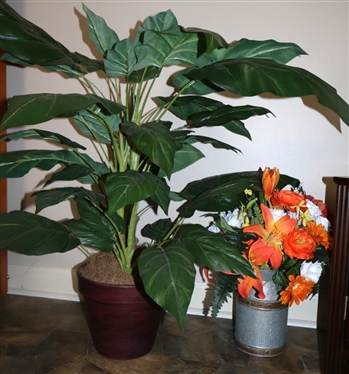 Large Artificial Plant in Weighted Pot and Attractive Faux Floral Arrangement in Galvanized Pitcher - Florals are 20" Tall 
