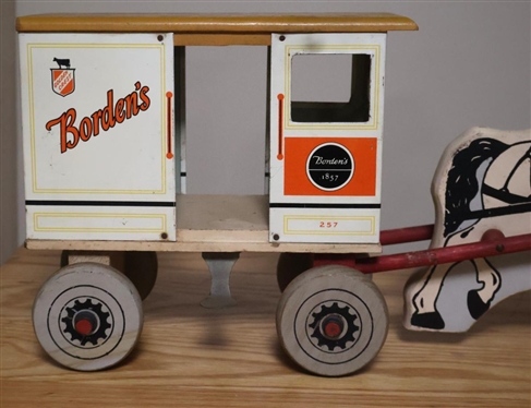 A Rich Toy - Borden's Milk & Cream Horse Drawn Wagon - Rich Toys, Clinton Iowa - Number 257 - Horse is Wood and Wagon is Wood and Tin Litho 