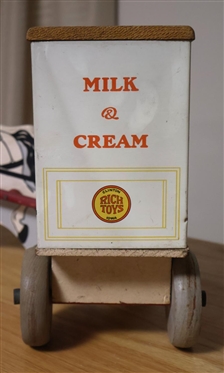 A Rich Toy - Borden's Milk & Cream Horse Drawn Wagon - Rich Toys, Clinton Iowa - Number 257 - Horse is Wood and Wagon is Wood and Tin Litho 