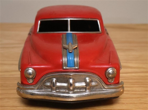 Red 1940's Tin Litho Friction 4 Door Sedan Car - Made in Japan - 10 1/2 Long 
