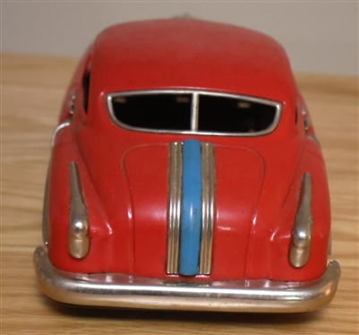 Red 1940's Tin Litho Friction 4 Door Sedan Car - Made in Japan - 10 1/2 Long 