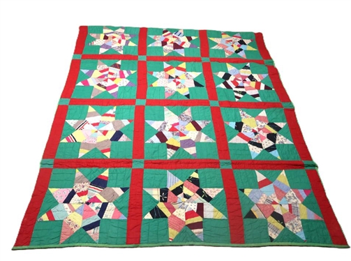 Beautiful Antique Star Pattern Quilt - Hand Pieced and Quilted - Very Thin - 82 By 65 