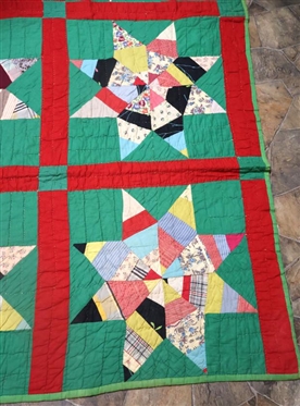 Beautiful Antique Star Pattern Quilt - Hand Pieced and Quilted - Very Thin - 82 By 65 