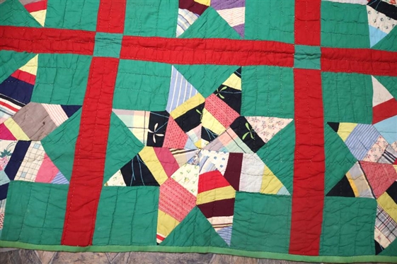 Beautiful Antique Star Pattern Quilt - Hand Pieced and Quilted - Very Thin - 82 By 65 