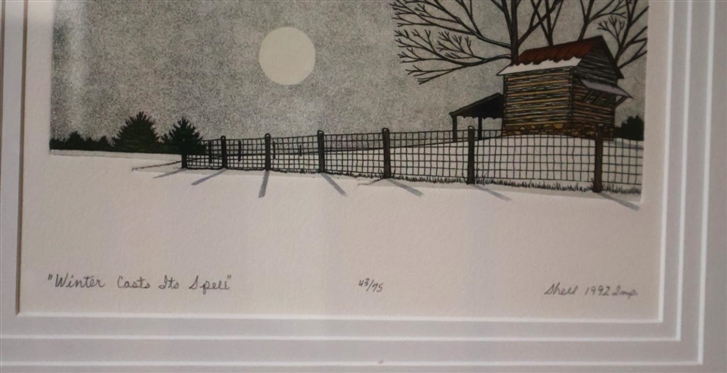 Winter Casts It's Spell by NC Artist James Shell Artist Signed and Numbered Print 43/75 - Dated 1992 - Framed and Double Matted - Frame is 11 1/2 By 14 1/2 