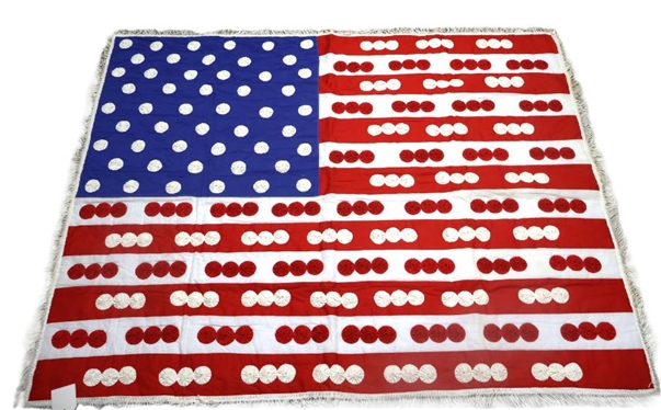 Fantastic Handmade Patriotic American Flag  Quilt with Appliqued YOYOs - Entry Tag Attached to Tassel Trim - 63 By 50 