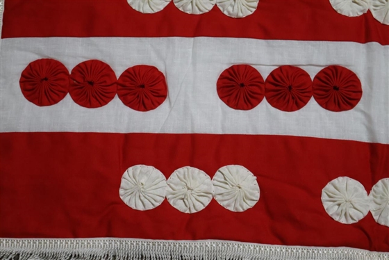 Fantastic Handmade Patriotic American Flag  Quilt with Appliqued YOYOs - Entry Tag Attached to Tassel Trim - 63 By 50 